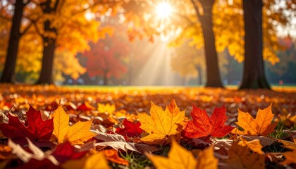Colorful autumn leaves on trees in a forest or park create a vibrant landscape