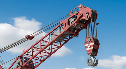 Red Crane Hook and Construction Equipment Against a Sky Backdrop with clouds