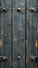 Fototapeta premium Close-up of weathered, dark charcoal wooden door or gate, showcasing its distressed planks, visible grain, and rustic metal hardware with decorative studs
