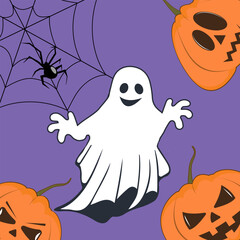 illustrations commemorating Halloween. The designs feature iconic Halloween elements such as grinning jack-o'-lanterns, friendly ghosts, bats, spiders