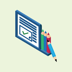An isometric illustration of a board with a green check mark and a row of colored pencils, symbolizing education, creativity, and completing tasks.
