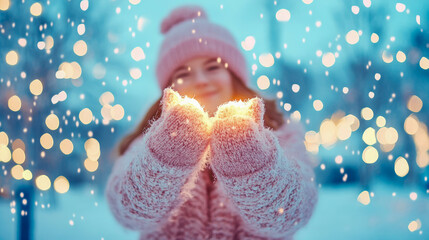 Enchanting winter scene with smiling child in pink mittens holding glowing light, surrounded by sparkling bokeh and falling snow under serene blue sky