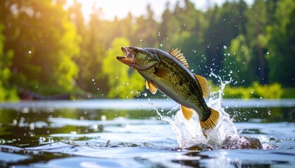 Fototapeta premium A leaping bass fish captured mid air in sparkling lake waters at golden hour, symbolizing triumph, sport fishing, nature freedom and adventure in wilderness lakes