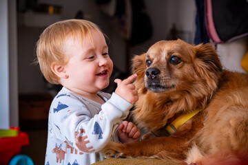 Child and dog sharing a joyful moment indoors
