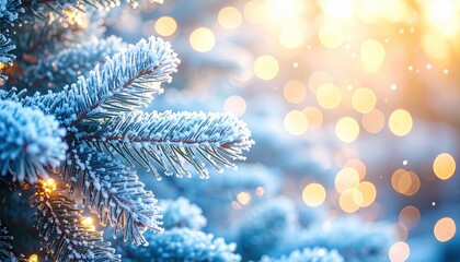 Snowy pine branch with glowing holiday lights and warm bokeh, evoking Christmas spirit, seasonal celebration, winter wonder and festive charm