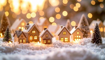 Fototapeta premium Charming miniature christmas village with snowy rooftops glowing windows symbolizing festive spirit warmth nostalgia tradition and seasonal magic in winter