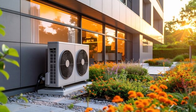 Dual outdoor heat pump system near flower garden at golden hour illustrating renewable energy smart housing eco transition and sustainable urban living
