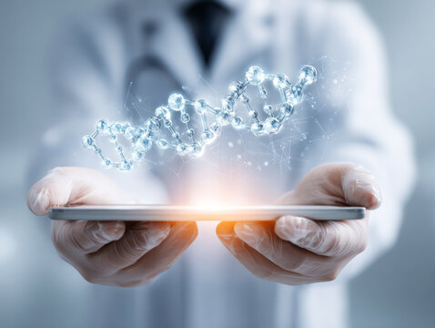 Doctor holding tablet with holographic DNA molecules in lab. AI generative