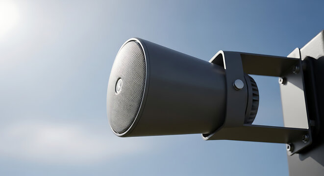 Modern outdoor speaker mounted on a pole, broadcasting sound in a public space under a clear sky - Powered by Adobe