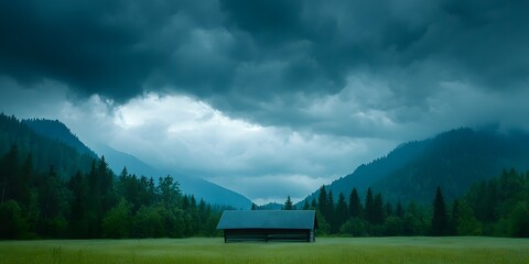 Dark dramatic clouds hover over a wooden cabin in a misty green mountain valley mountains