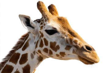 Close-up profile of a giraffe's head and neck against a white background.  Giraffe head, neck, spots, profile,  tan, cream,  white,  wildlife,  animal,  mammal,  nature