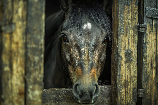 Wet dark brown horse with white blaze looking out from rustic wooden stable door. Curious equine animal head portrait with deep eyes. - Powered by Adobe