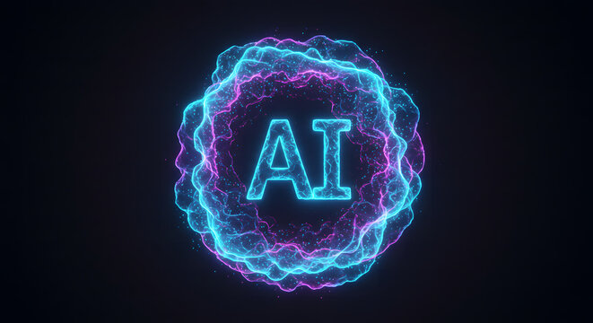 Abstract glowing ai sphere with digital energy on a dark background - Powered by Adobe