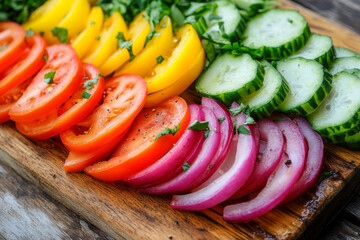 Fresh colorful sliced vegetables: red tomatoes, yellow tomatoes, green cucumbers, purple onions, arranged on a rustic wooden board for a healthy meal.