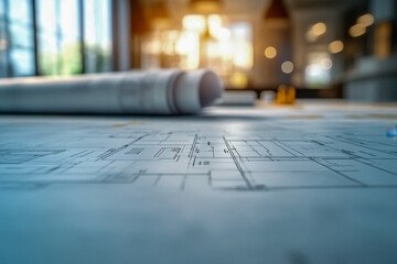 Detailed architectural blueprints spread on a table with rolled plans. Engineering construction project design in a bright office workspace.