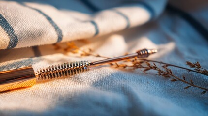 Mascara Wand with a Metallic Handle on a Textured White Fabric