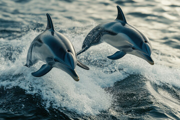 Fototapeta premium Two wild striped dolphins leap high from the deep blue ocean water. Energetic marine animals jumping with powerful white splashes, natural freedom.