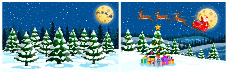 Fototapeta premium Winter forest night landscape with christmas tree and colorful gifts under it. Santa Claus flight on sleigh across full moon sky. Merry Christmas.