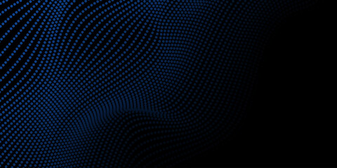 Fototapeta premium Flowing dot particles light wave pattern halftone blue and black gradient smooth curve shape isolated on black background. Vector in concept of technology, science, music, modern arts grid