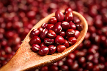 Red Adzuki Beans from Guizhou China - Small Mixed Grains Cereals in Wooden Spoon for Farmers Market Cooking