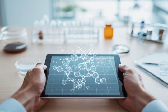 Hands holding tablet with holographic molecular model in a laboratory. AI generative