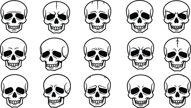 Set of expressive cartoon skull faces, various emotions, hand-drawn style, vector illustration, Halloween, tattoo, spooky decoration design