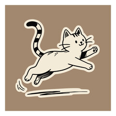 Cute jumping cat, playful kitten sticker design, minimalist doodle style pet artwork on brown background