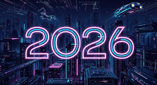 Futuristic city skyline with glowing 2026 neon sign, flying vehicles at night, modern design