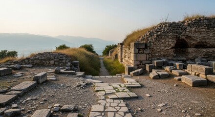 Ancient stone ruins of the archaeological site of Troy in Turkey at sunset.