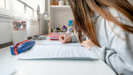 Girl writing notes at home study desk