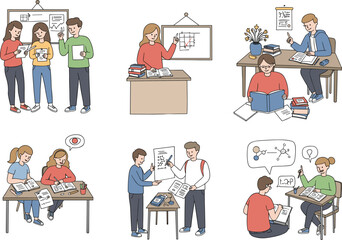 Students studying math and science cartoon set, classroom, learning, teamwork, homework, geometry, equations, collaboration, education, problem‑solving, STEM