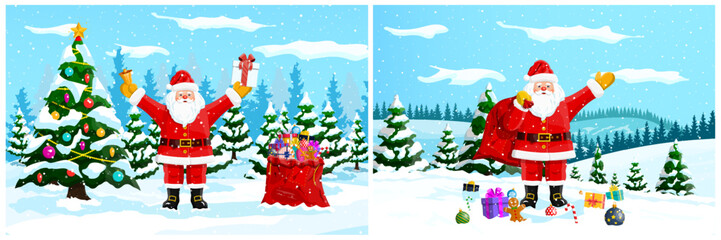 Cheerful Santa Claus with gifts and a bell standing next to a decorated Christmas tree in a winter forest. Happy Christmas and New Year holiday.