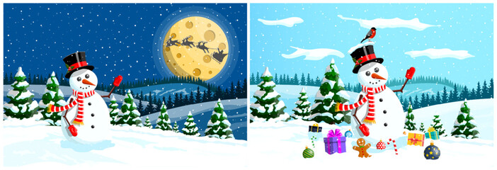 Snowman in winter forest landscape at night with big moon and Santa Claus flying on sleigh. Winter holiday celebration scene for greeting card.