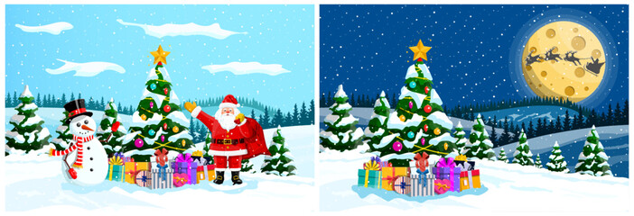 Santa Claus and snowman near Christmas tree with gift box. Reindeer sleigh flying across full moon. Winter landscape for Christmas holiday.