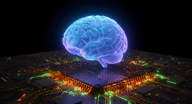 Glowing blue brain rests on futuristic circuit board with vibrant lights