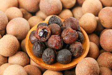 Dried Longan Fruit Flesh with Fresh Longan Fruits in Wooden Bowl - Asian Tropical Fruit Collection