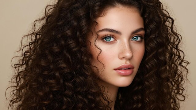 Stunning woman with flowing curly hair and bright blue eyes