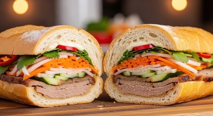 Delicious Vietnamese Banh Mi Sandwich Cut in Half on a Wooden Board.