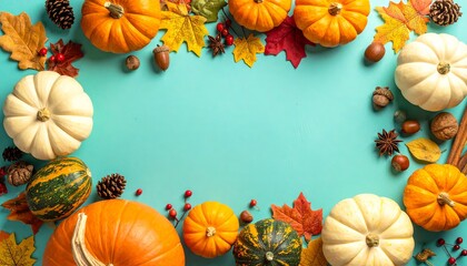 An autumnal harvest border of pumpkins and leaves frames a festive design