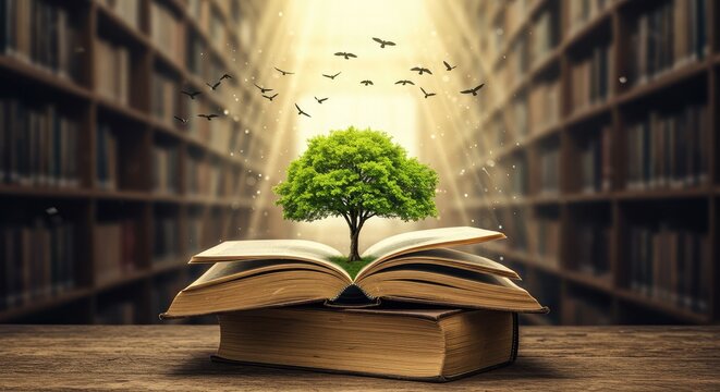 Unlock boundless knowledge and inspiration as a vibrant tree of life sprouts from open books amidst a magical library, with birds soaring towards golden light.