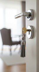 A key is in the lock of an open white door, with a blurred view of a chair in the background.