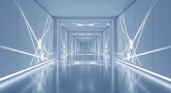 Futuristic glowing blue tunnel with geometric light patterns, an endless corridor of modern architecture
