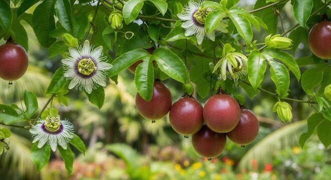 Exotic Passion Fruit Tree with Ripe Fruits and Blossoms in a Lush Tropical Garden - Powered by Adobe
