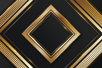 Black and Golden Luxury Realistic Background with Gold Metallic SquareFrame. Elegant Premium Backdrop with Golden Diamond Shape Frame.
