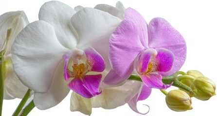 Close-up of two orchid blossoms, one white, one pink, with buds