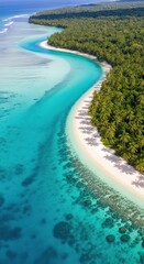 Aerial view of a tropical island with turquoise waters, white sand beach, and lush green forest.