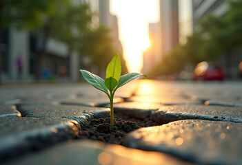 A small flower sprout made its way through the stone road, the urban backdrop, and the warm light.