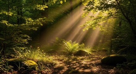 Sunlight filtering through the dense canopy of a lush green forest creating ethereal rays