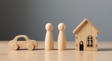 Wooden figurines symbolizing a couple, alongside miniature car and house, representing life's major milestones and investments for a secure future.