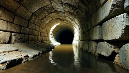 Ancient stone tunnel with arched ceiling and shallow water reflections leading into dark passage illuminated at entrance